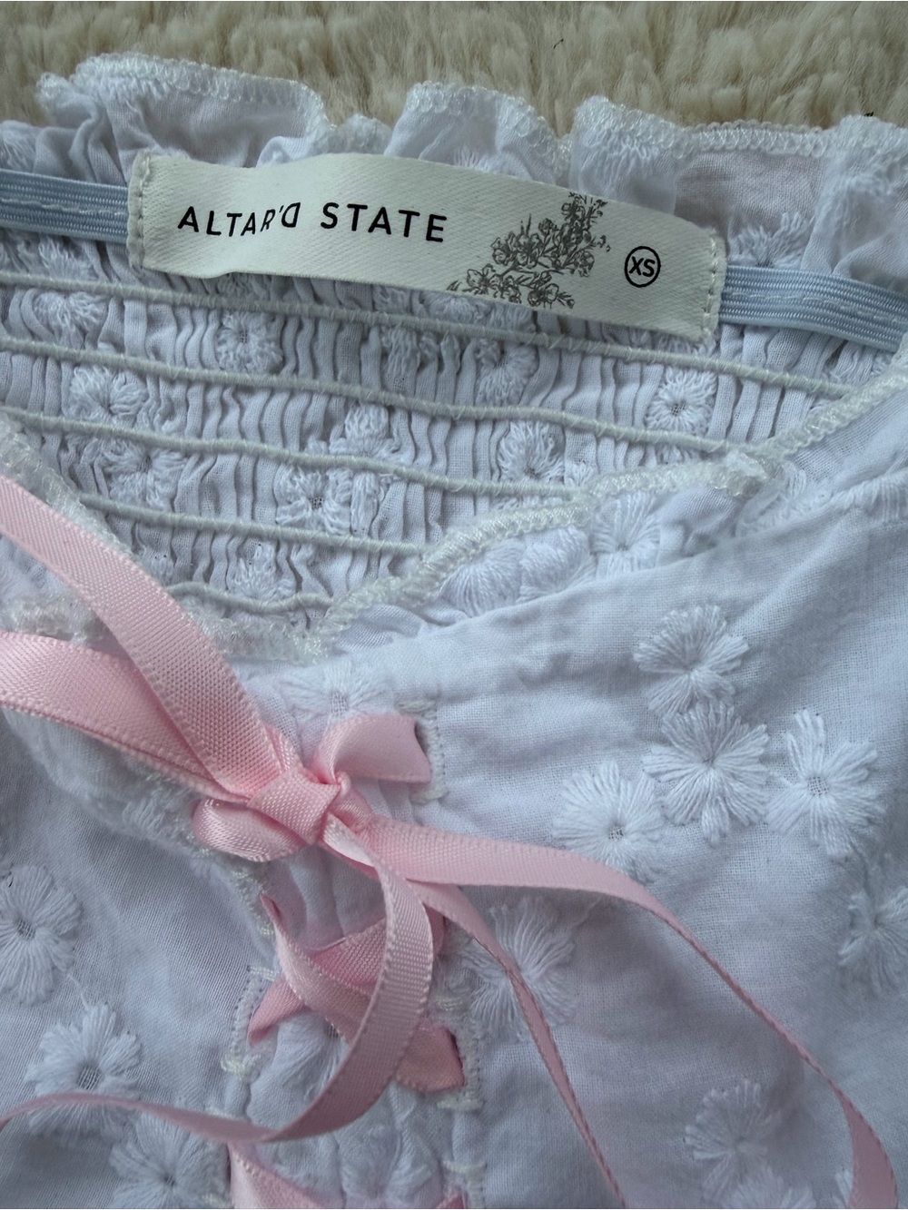 Altar'd State White Eyelet Peplum Top with Pink Ribbon Tie - Picture 4 of 4